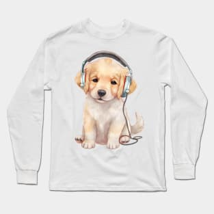 Watercolor Golden Retriever Dog with Headphones Long Sleeve T-Shirt